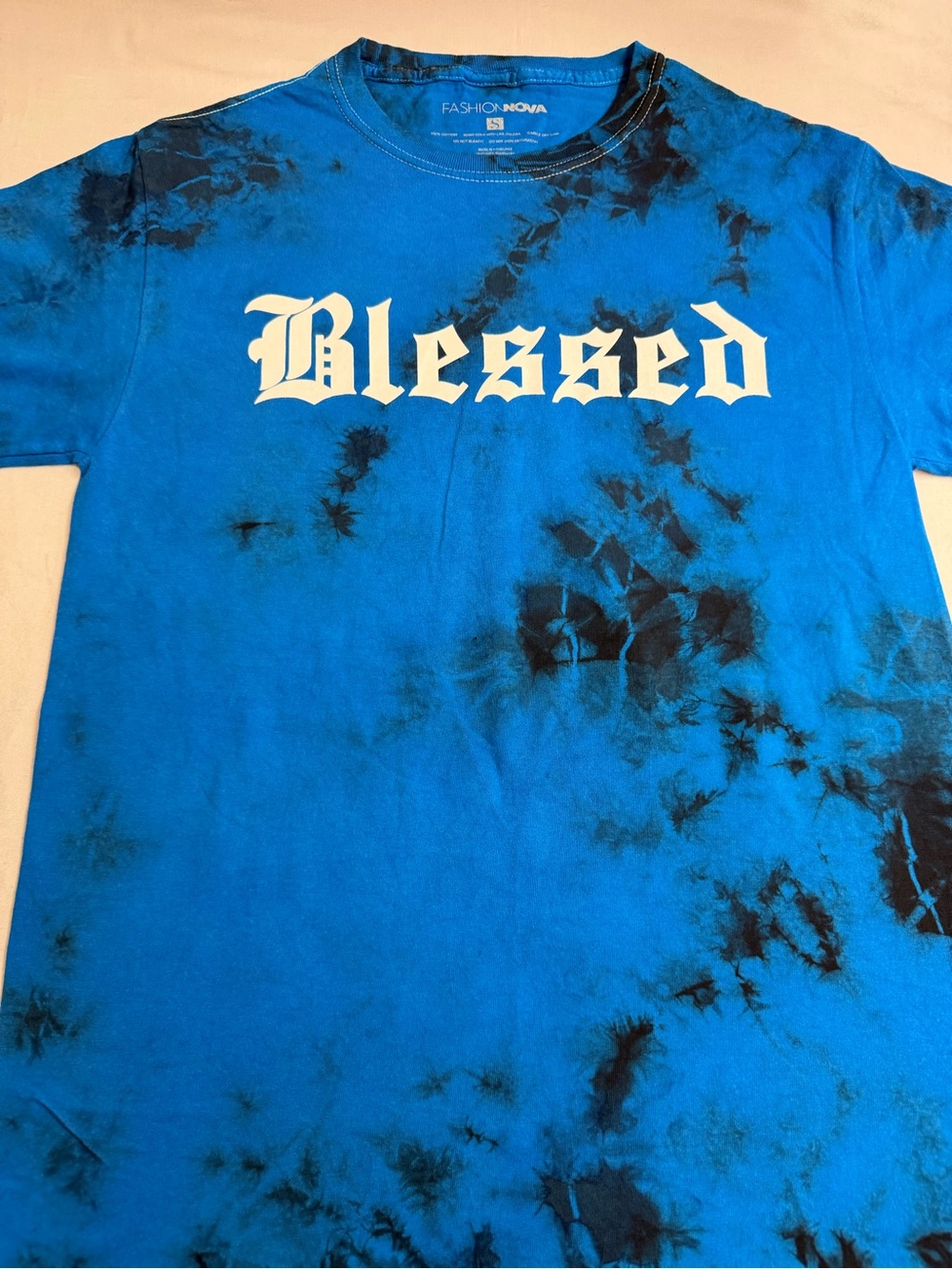 Fashion Nova Blue & Black 'Blessed' Tie-Dye Short Sleeve Tee